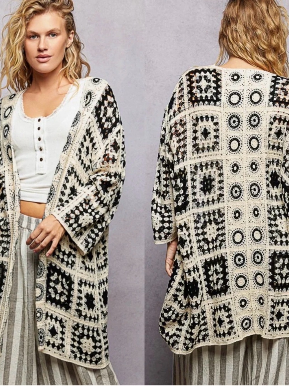 POL Crochet Patchwork Open Cardigan - Black & Cream